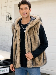 Detail of premium brown faux fur hooded vest showing long shaggy texture and inner lining
