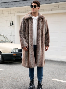Men's long faux fur coat with brown striped pattern and large lapel for winter