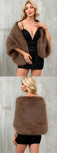 Detailed front and back views of a brown faux fur shawl over a black sequin evening dress