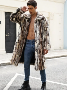 Manteau long en fausse fourrure pour homme avec motif tacheté et revers large élégant