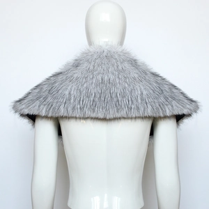 Detail view of the back of a light grey faux fur viking cloak shoulder wrap for men