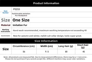 Size chart for faux fur headband showing circumference 56cm and width 9.5cm dimensions