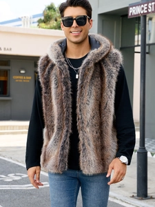 Men's faux fox fur hooded vest with thick brown-grey mottled texture for autumn winter fashion