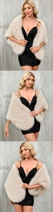 Detail of cream faux fur shawl paired with a black sequin evening gown on a model