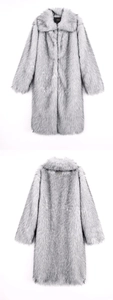 Macro detail of silver-grey faux fur long coat showing plush texture and wide lapel