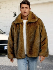 Men's stylish faux fur lapel jacket in brown blend, perfect for winter casual street style