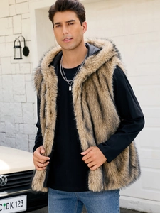 Detail of hooded men's faux fur vest in brown and black tones with warm texture
