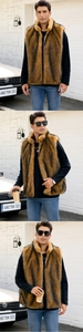 Trois vues d'un gilet en fausse fourrure marron pour homme avec col montant et peluche