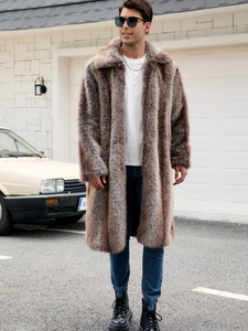 Men's long faux fur coat in brown-grey blend with large lapels for winter warmth
