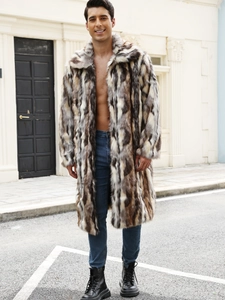 Manteau long en fausse fourrure pour homme avec motif animal contrasté et revers large