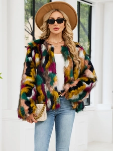 Veste en fausse fourrure colorée avec motifs géométriques pour femmes style hivernal