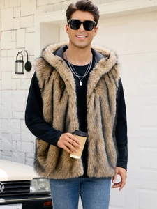 Detailed close-up of brown faux fur vest texture with hood and soft inner lining