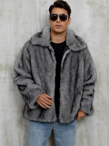 Men's stylish mid-grey faux fur warm coat with lapel collar and thick plush material
