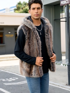 Close-up of men's hooded faux fox fur vest showing realistic texture and brown color