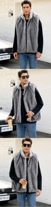 Détail du col montant et de la texture en fausse fourrure sur un gilet gris homme