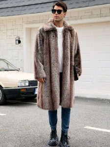 Men's long faux fur coat in gradient brown-grey stripes with cozy oversized lapels
