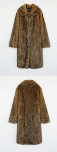 Detailed view of brown faux fur texture and collar on long winter coat for men