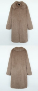 Front and back view of a men's long faux fur coat in light brown with thick lapels