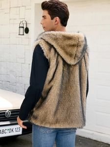 Detailed view of the back and hood on a men's faux fur vest with brown striped texture
