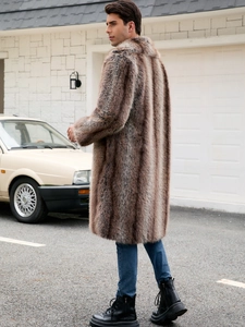 Side view of man in long faux fur coat with vertical brown stripes and notched lapel