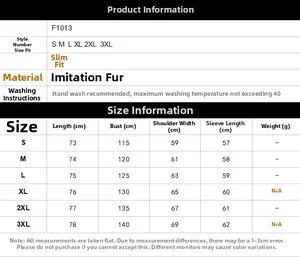 Size chart for leopard faux fur jacket F1013 showing S-3XL measurements in centimeters