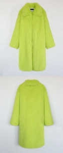 Detailed front and back view of a neon green faux fur long coat with thick plush texture