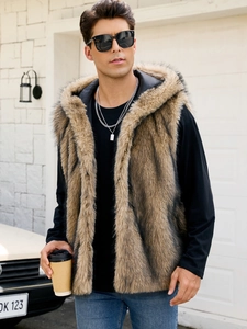 Close-up of thick brown faux fur vest texture with hood showing premium fluffy material
