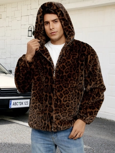 Men's Leopard Print Faux Fur Hooded Jacket Winter Warm Thick Plush Coat With Zipper Outdoor Streetwear Outerwear