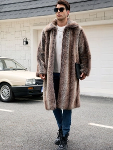 Detailed view of the striped faux fur texture and wide collar on this long men's winter coat