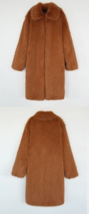 Front and back views of caramel brown faux fur long coat with dense glossy texture