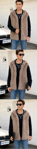 Detailed texture of men's faux fur vest in brown with a cozy hooded design