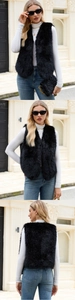 Trois vues d'un gilet noir en fausse fourrure col en V montrant la texture dense et soyeuse