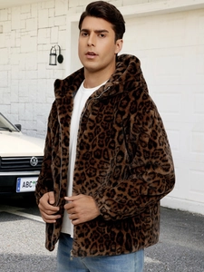 Men's faux fur leopard print hooded jacket with zipper closure in brown and black