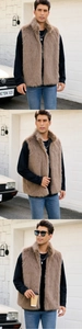 Trois vues d'un gilet en fausse fourrure épaisse pour homme avec un col montant brun