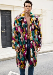 Macro shot of colorful faux fur texture and multi-color patchwork on men's winter coat