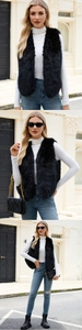 Détail de la texture en fausse fourrure noire et du col en V de ce gilet pour femmes
