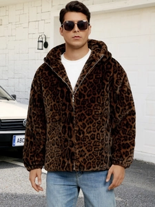 Men's faux fur leopard print hooded jacket with thick warm texture and zipper