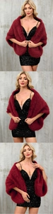 Luxurious burgundy faux fox fur shawl styled with a black sequin evening gown