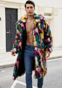 Detail of multi-colored faux fur coat texture with plush lapel design for men in winter