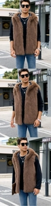 Detailed outdoor view of men's brown faux fur hooded vest with soft shaggy texture
