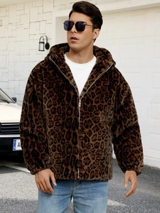 Mens hooded faux fur jacket featuring a bold leopard print pattern and casual street style