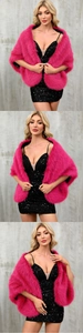 Close-up of fluffy rose red faux fur shawl paired with a black sequin evening dress
