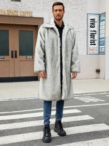 Men's winter long faux fur coat in silver grey with classic lapels and thick texture