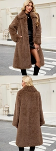 Vues détaillées avant et arrière d'un long manteau en fausse fourrure marron à revers
