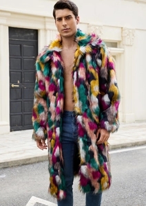 Men's colorful faux fur coat featuring a thick lapel and long patchwork design in street style
