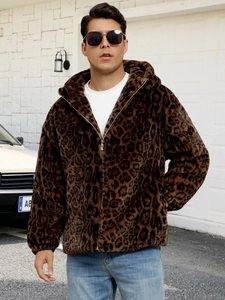 Men's faux fur leopard print hooded jacket with zipper closure and warm plush texture
