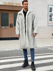 Men's stylish long faux fur coat in light grey white blend with wide lapels and loose fit