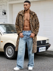 Manteau long imprimé léopard en fausse fourrure pour homme au style vintage décontracté