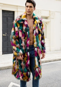 Detail of colorful faux fur texture and lapel design on men's multi-color coat