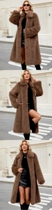 Détail de la texture d'un manteau épais en fausse fourrure marron avec grand revers